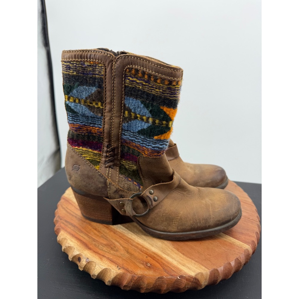 Born Ankle Boots Women 9 Brown Leather Woven Textile Harness M/WF 075 06